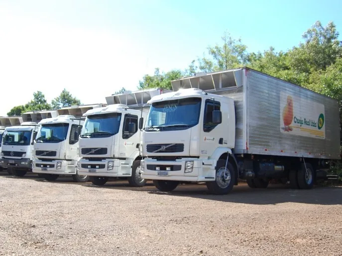Caminhões da frota própria da Granja Real, com a marca na carroceria.